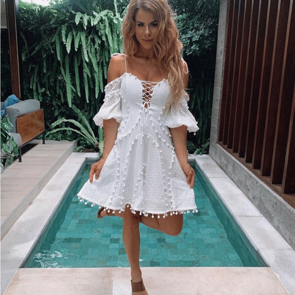 Thurley US Size 2 off-the shoulder white eyelet pompom dress